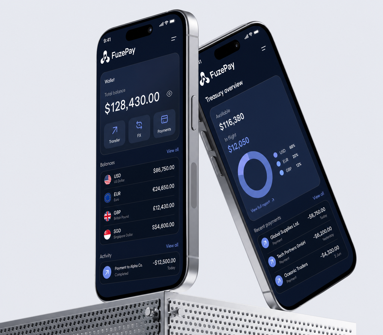 FuzePay mobile app showing wallet, payments, FX, and treasury views