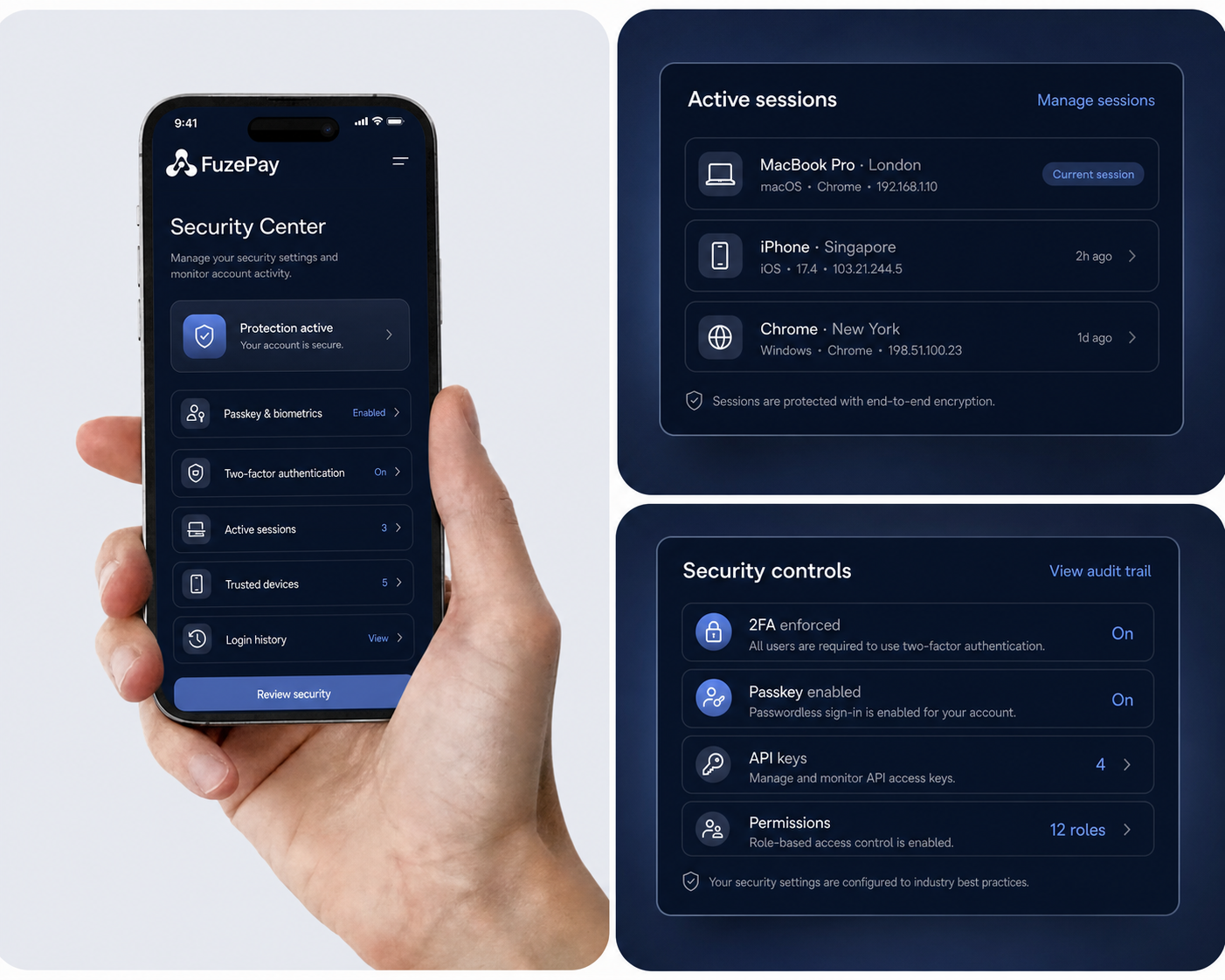 FuzePay Security Center showing active sessions, two-factor authentication, passkeys, permissions, and audit controls